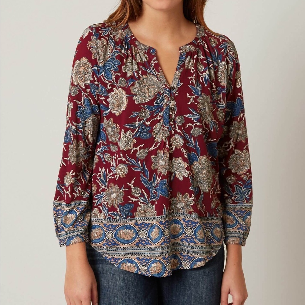 Lucky Brand Burgundy Boho Floral Paisley Peasant Henley Top | Small - Picture 1 of 8